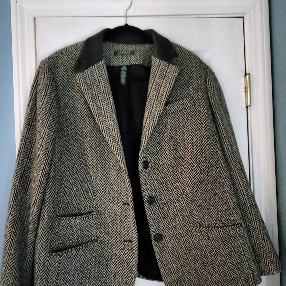 Ralph Lauren Black and White Herringbone Blazer Leather Collar Women's Blazer